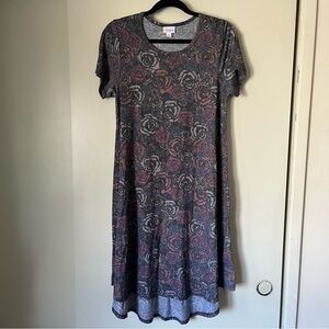 LuLaRoe Carly Dress Women S Gray Pink Floral High Low Short Sleeve Excellent